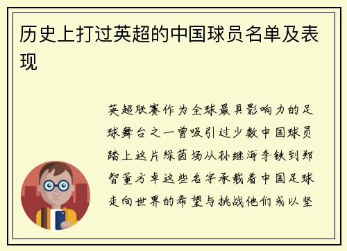 历史上打过英超的中国球员名单及表现
